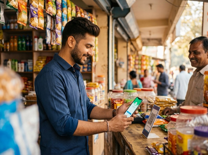 A man paying at a neighbourhood shop by scanning a QR code